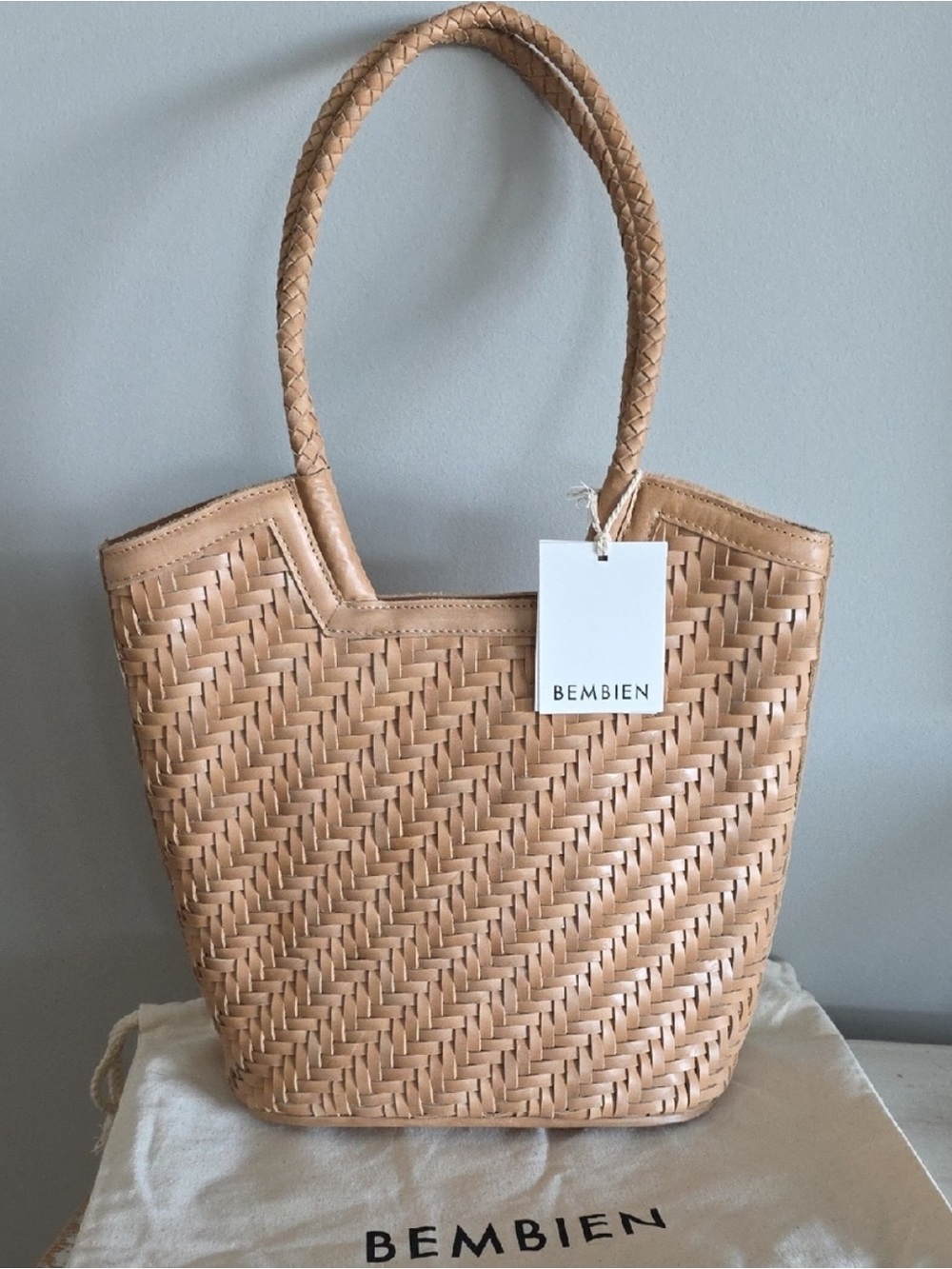 Bembien Tan Woven Tote Bag with Braided Handles